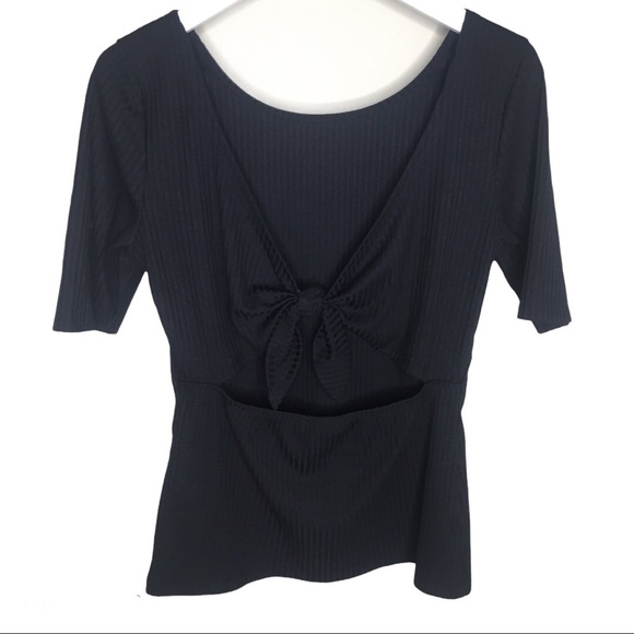 VENUS Ribbed Blouse With Bow Tie Back Detail & 3/4 Length Sleeves Black Medium - Picture 5 of 6